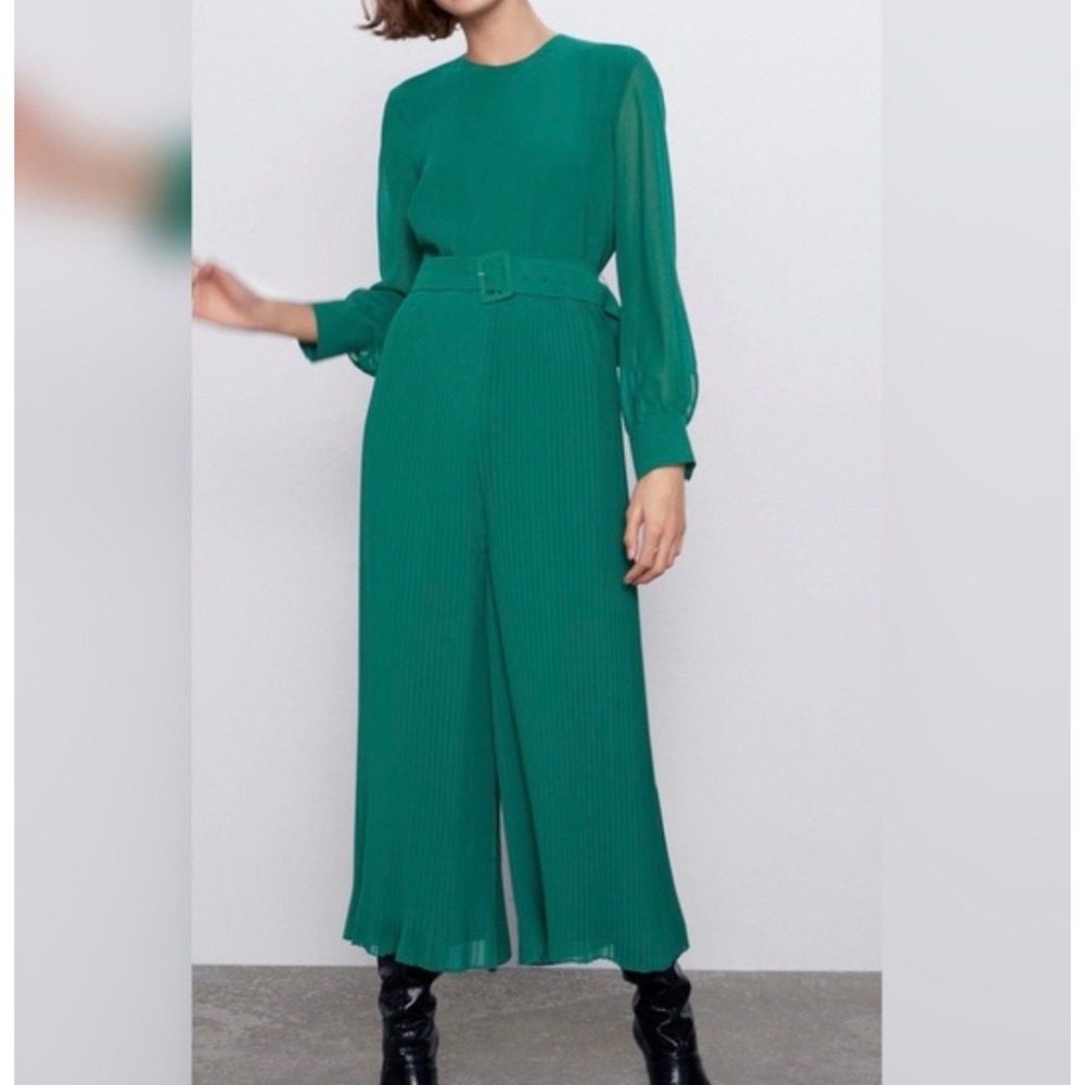 Zara XS Kelly Green Sheer Sleeve Pleated Wide Leg Jumpsuit Modern Blogger